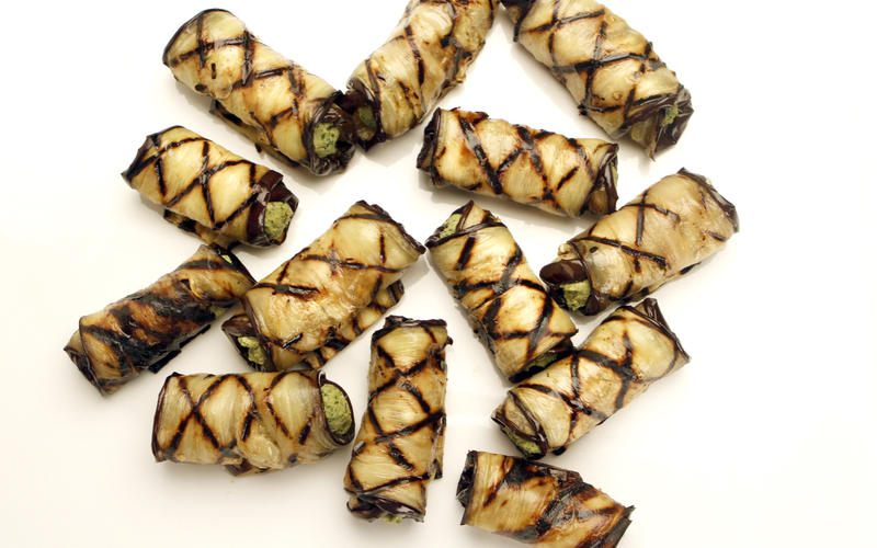 Walnut- and herb-stuffed eggplant rolls