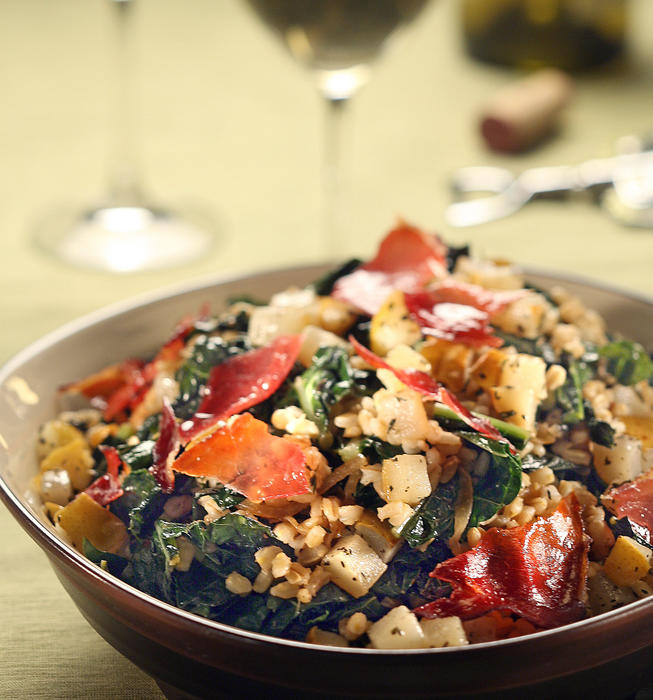 Warm barley and kale salad with roasted pears and candied prosciutto