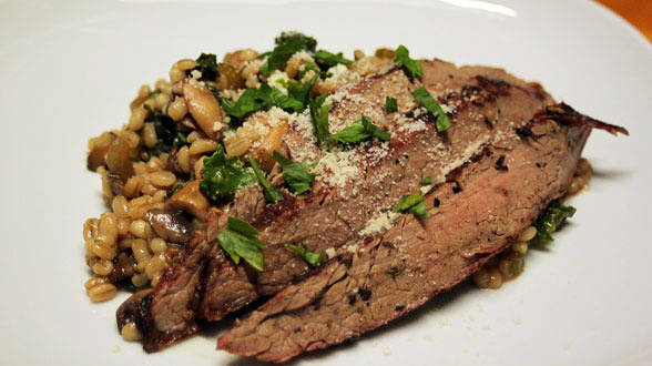 Warm Pearled Barley and Mushroom Salad with Sliced Flank Steak