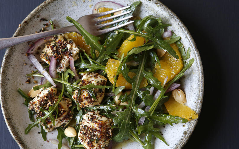 Wild arugula augula and orange salad with baked feta, honey and za’atar