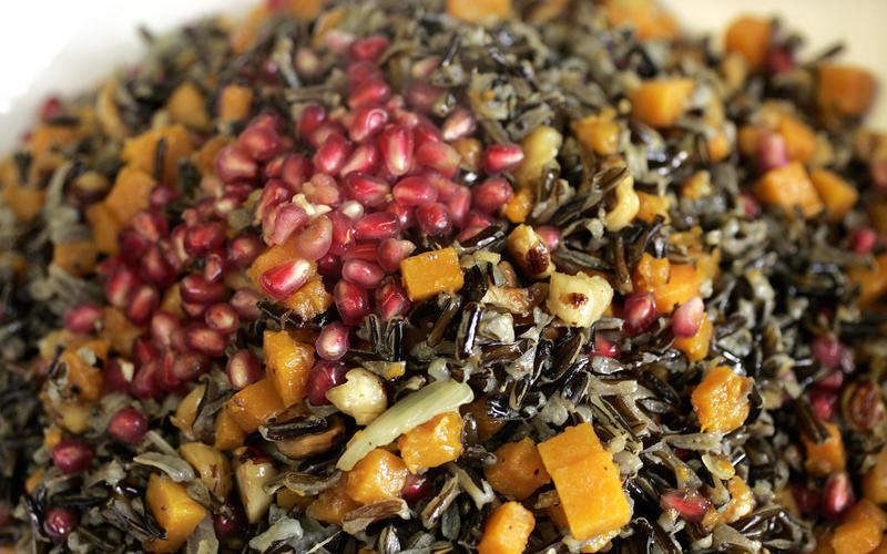 Wild rice 'stuffing' with butternut squash, toasted hazelnuts and pomegranate seeds