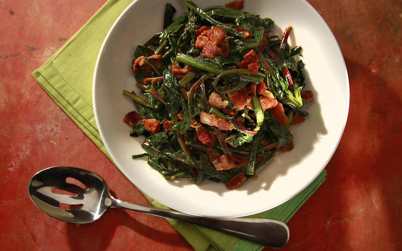 Wilted dandelion greens with bacon