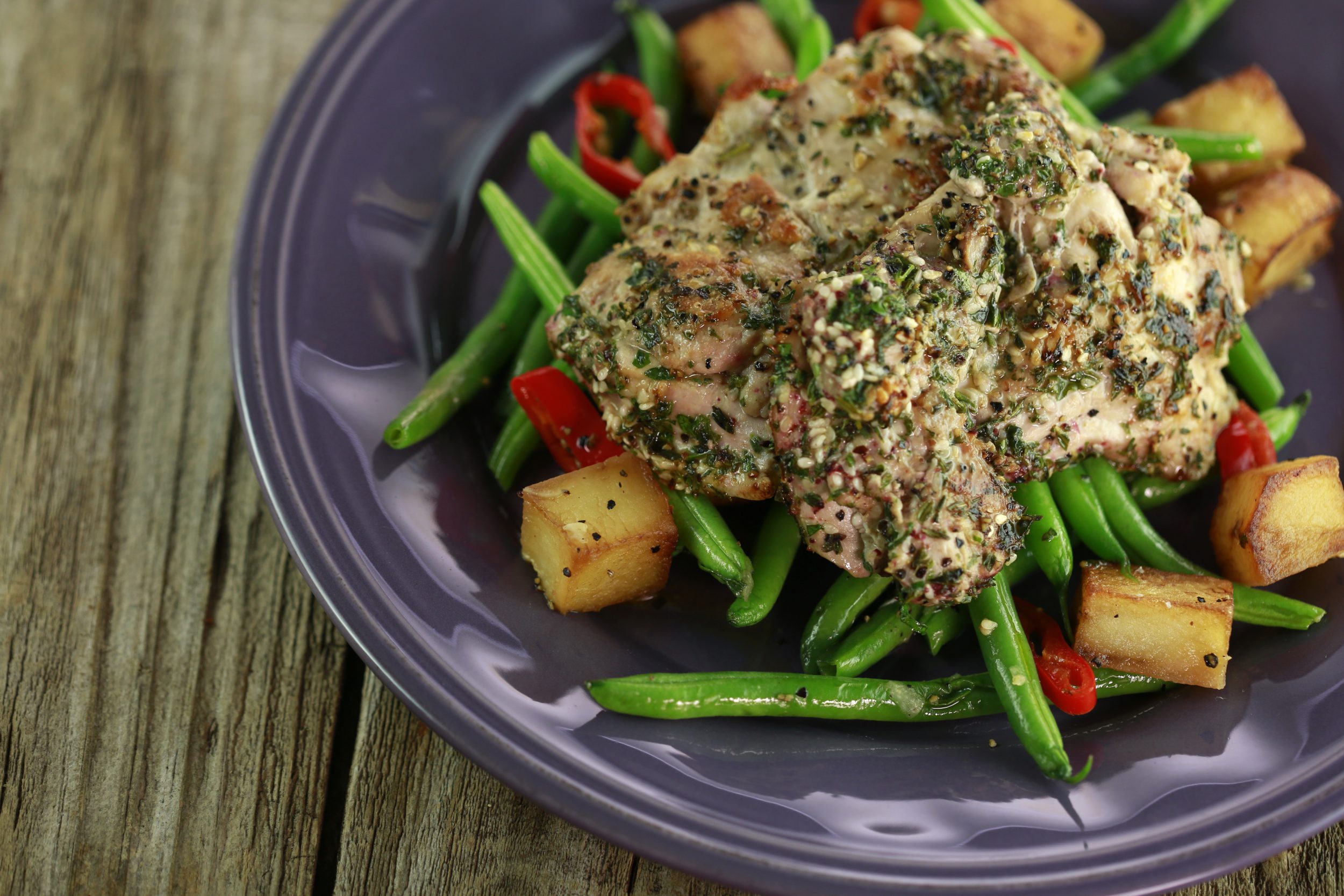 Za’atar Chicken with Garlicky Pan-Roasted Potatoes and Green Beans