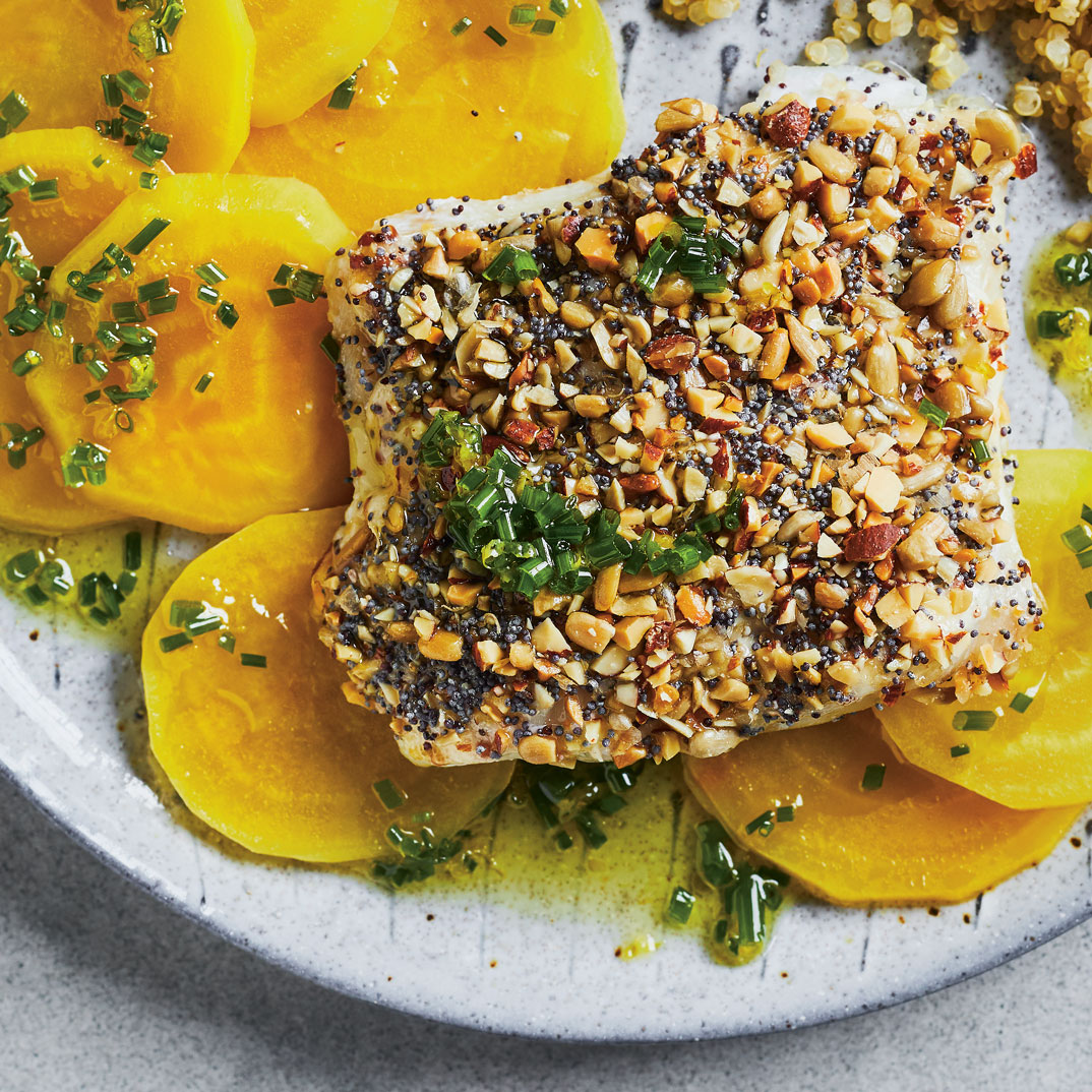 Almond-Crusted Fish with Quick Yellow Beets and Chive Oil