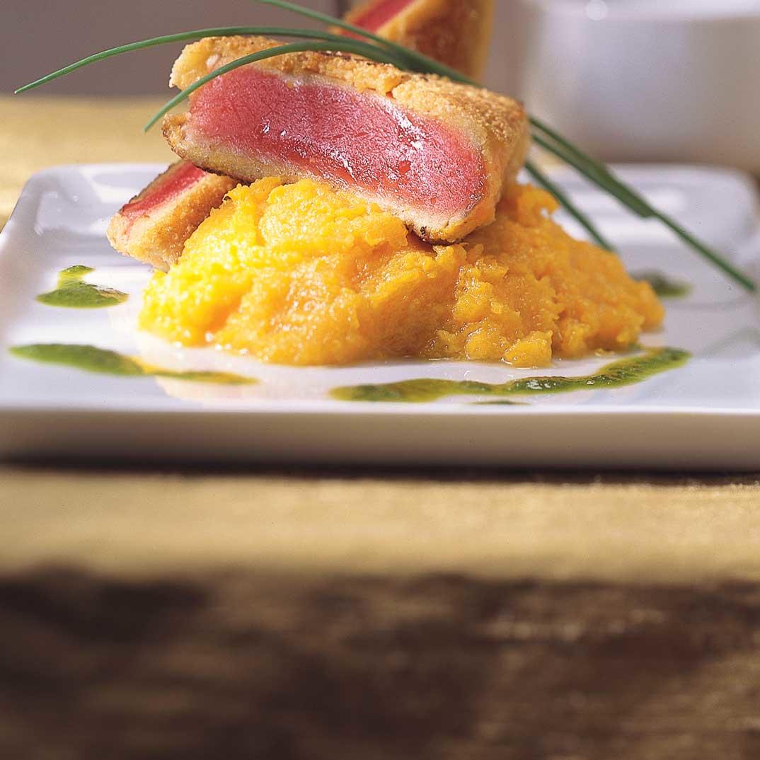 Almond-Crusted Seared Tuna on Ginger Mashed Butternut Squash