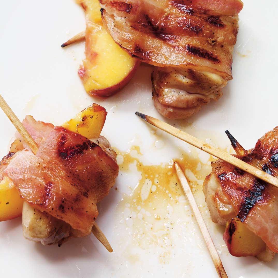 Bacon-Wrapped Chicken and Peach Mini Skewers