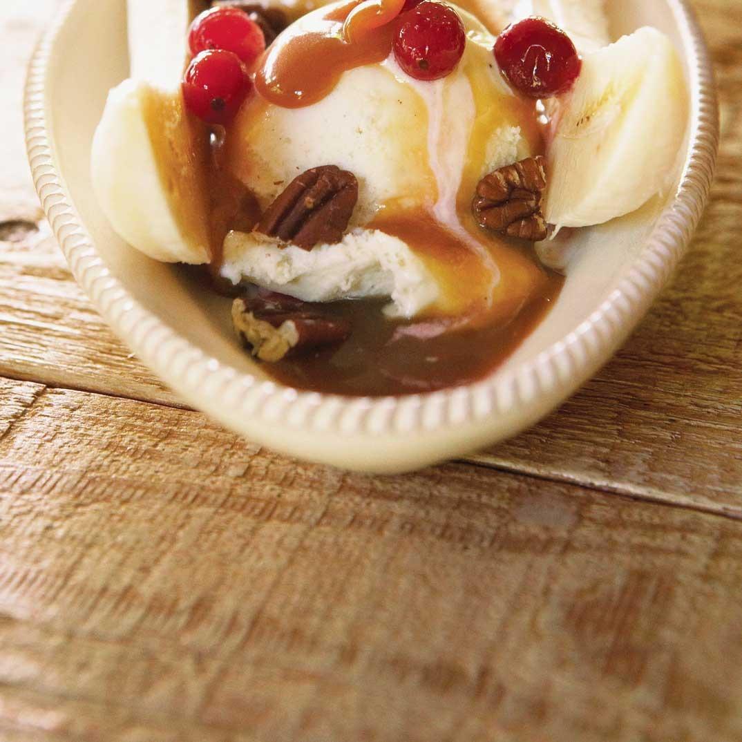 Banana Splits with Cranberry Compote and Coffee Caramel Sauce