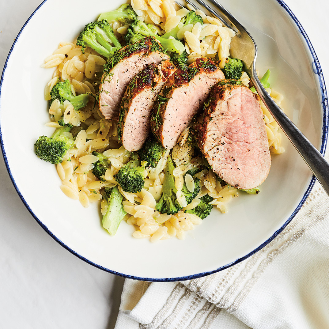 Broccoli <i>Orzotto</i> and Pork with Montreal Steak Spice