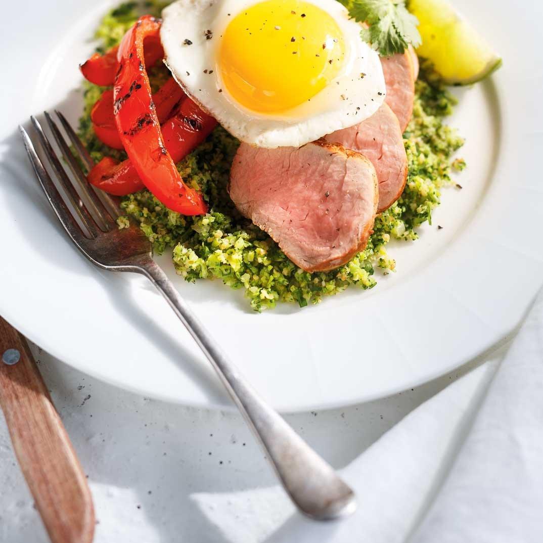 Broccoli Tabbouleh with Grilled Bell Peppers and Pork Tenderloin