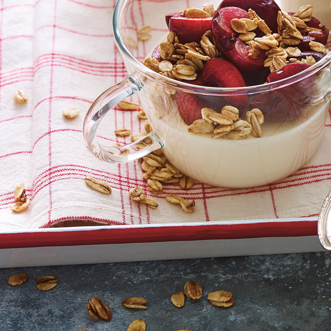 Caramelized Oat Panna Cotta with Cherries