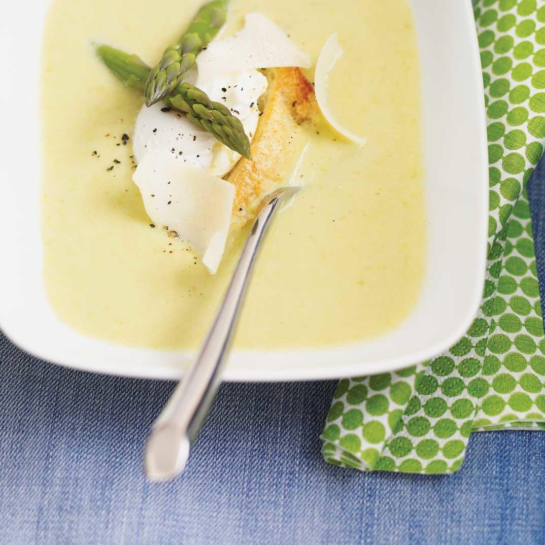 Cream of Asparagus Soup with Parmesan and Poached Eggs