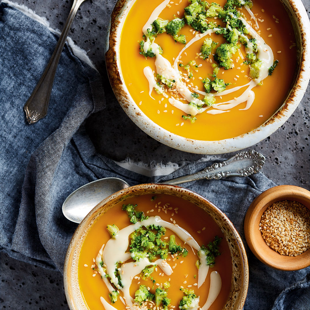 Cream of Carrot Soup with Tahini and Broccoli
