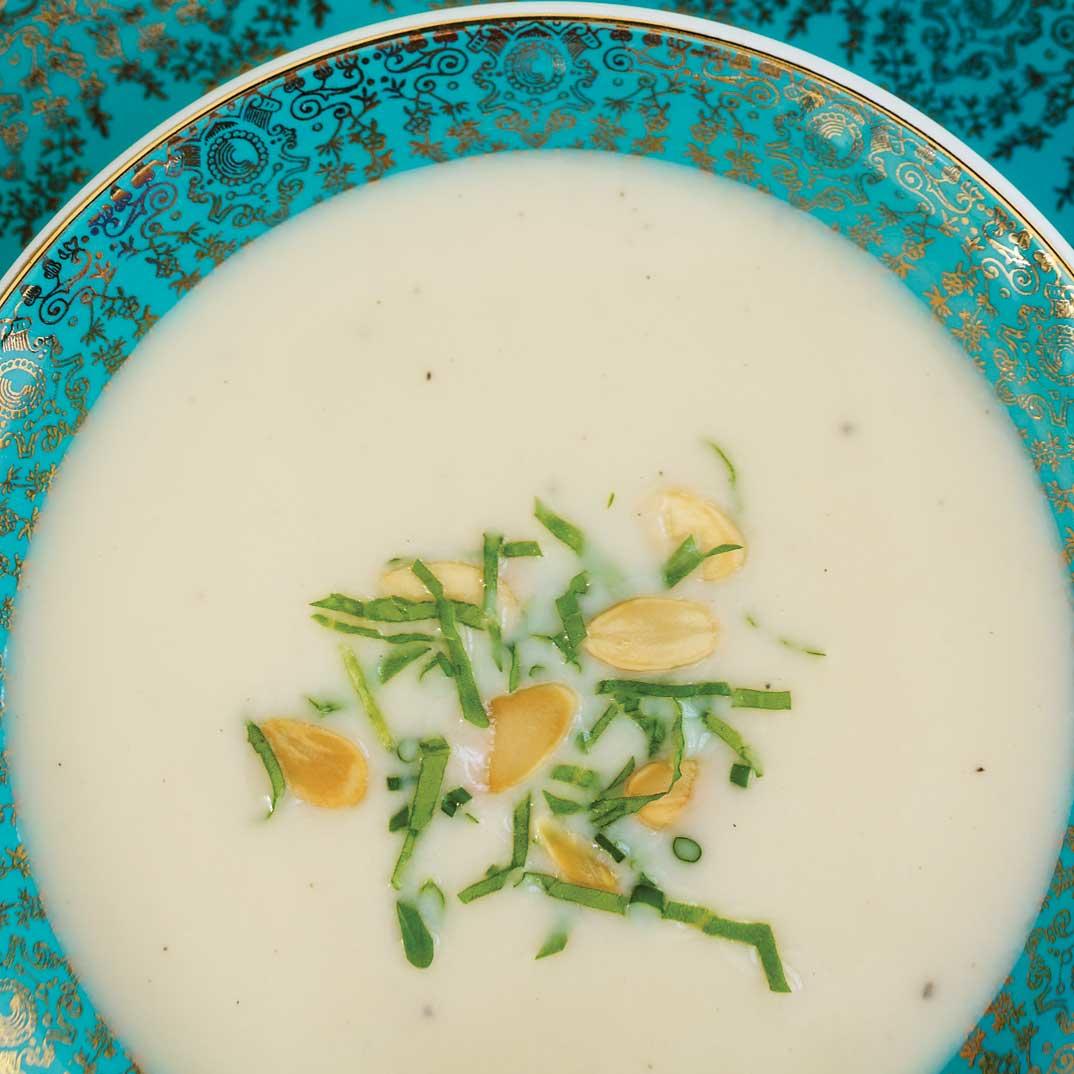 Cream of Cauliflower Soup with Arugula and Almonds