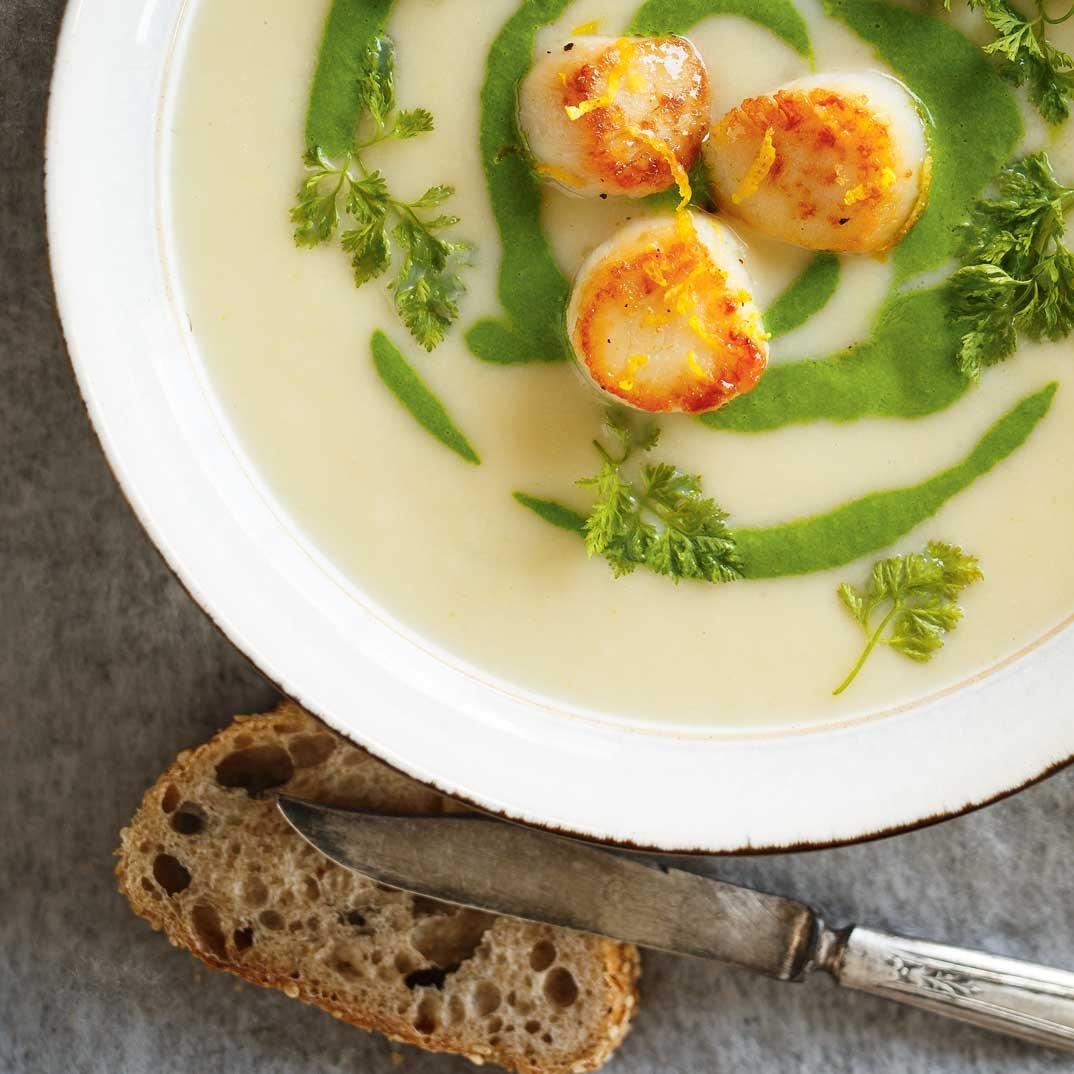 Cream of Celery Soup with Seared Scallops