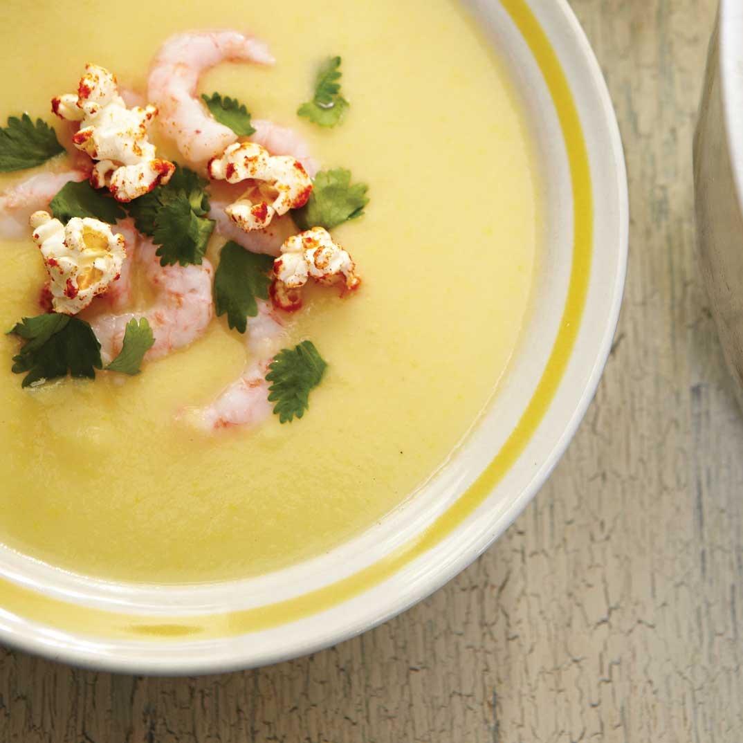 Cream of Corn Soup with Shrimp and Smoked Paprika Popcorn
