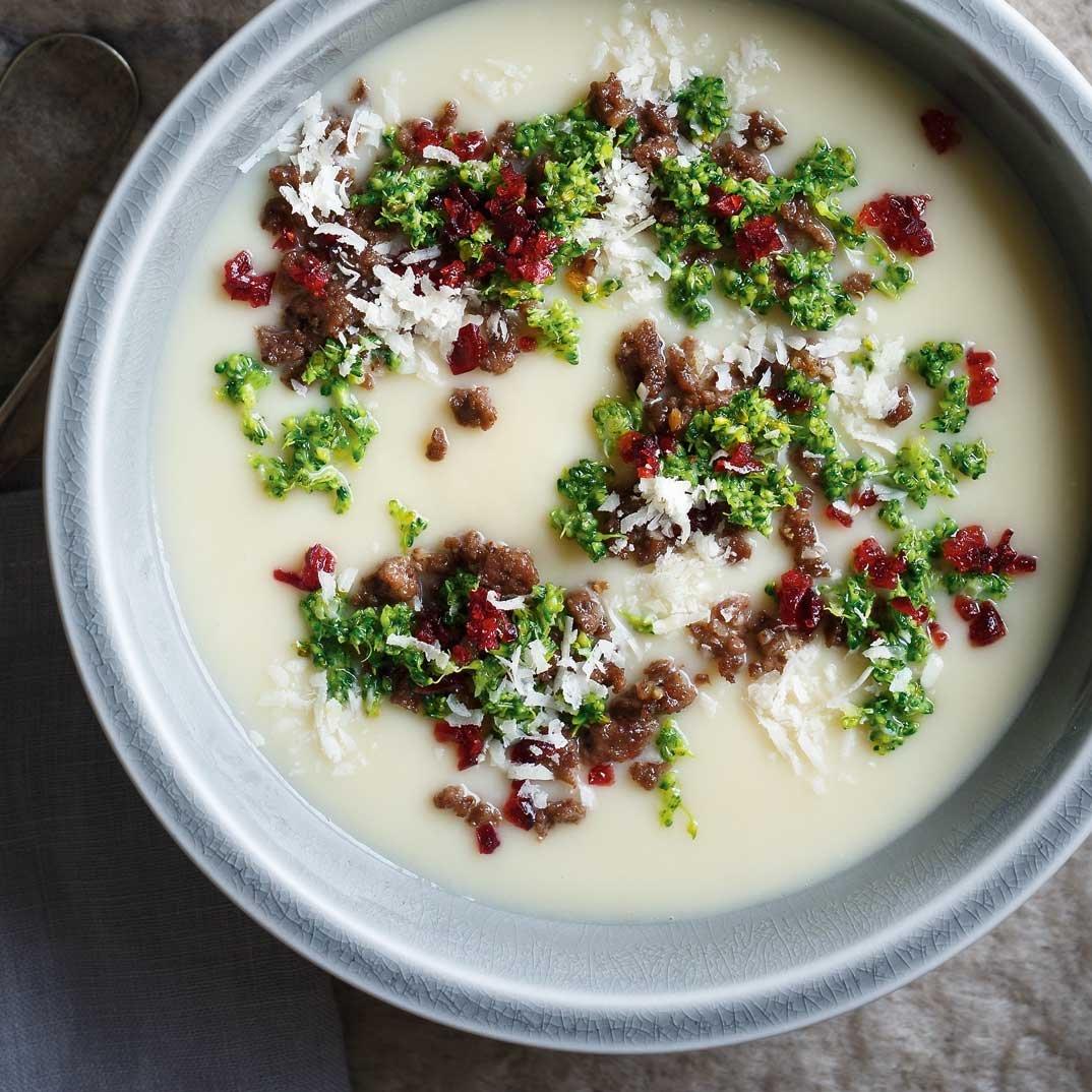 Cream of Parsnip Soup with Venison, Broccoli and Cranberries