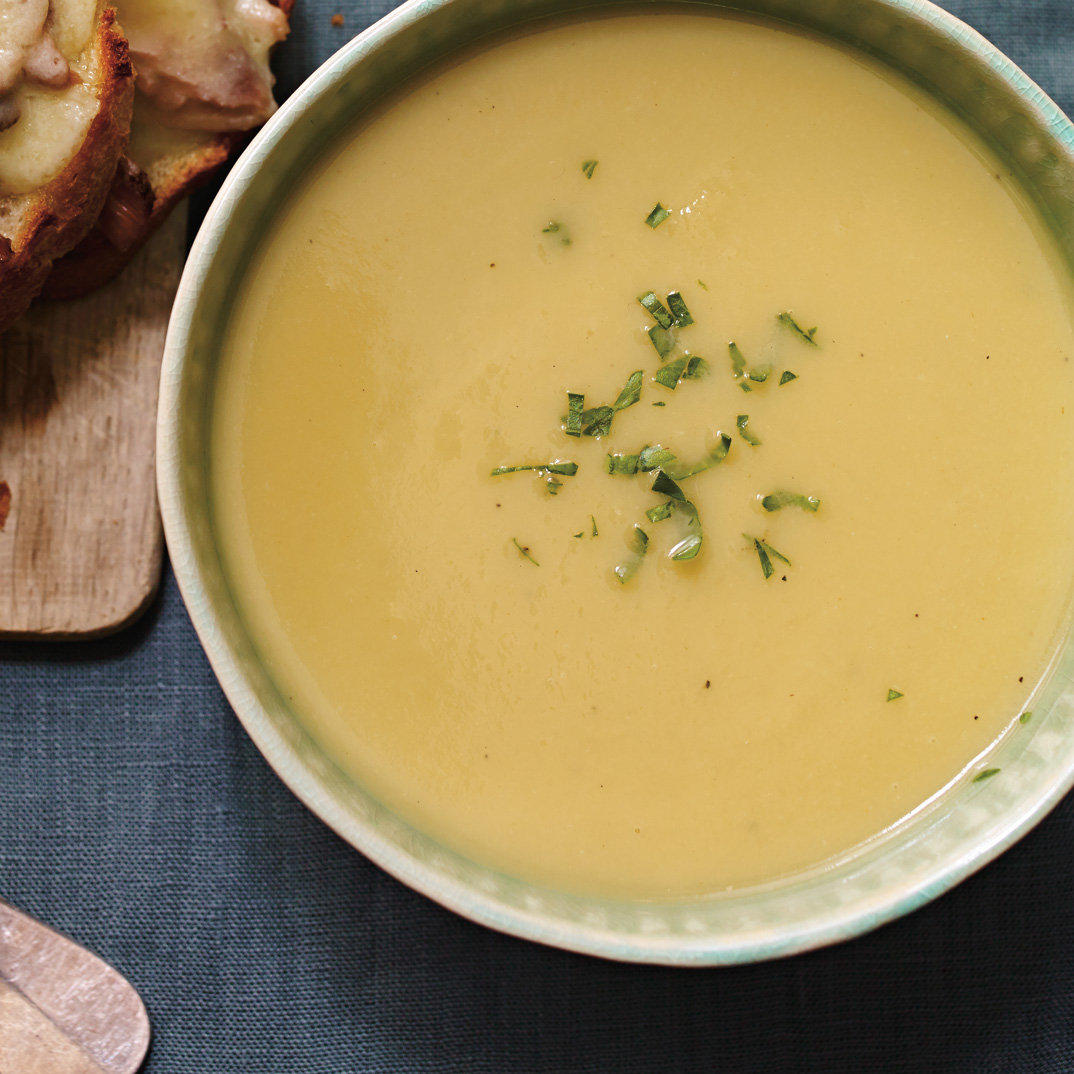 Creamy Leek Soup with Duck Confit and Cheddar Toasts