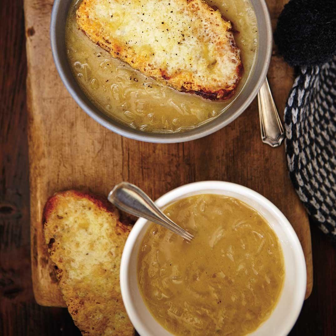 Creamy Onion Soup with Cheddar Croutons