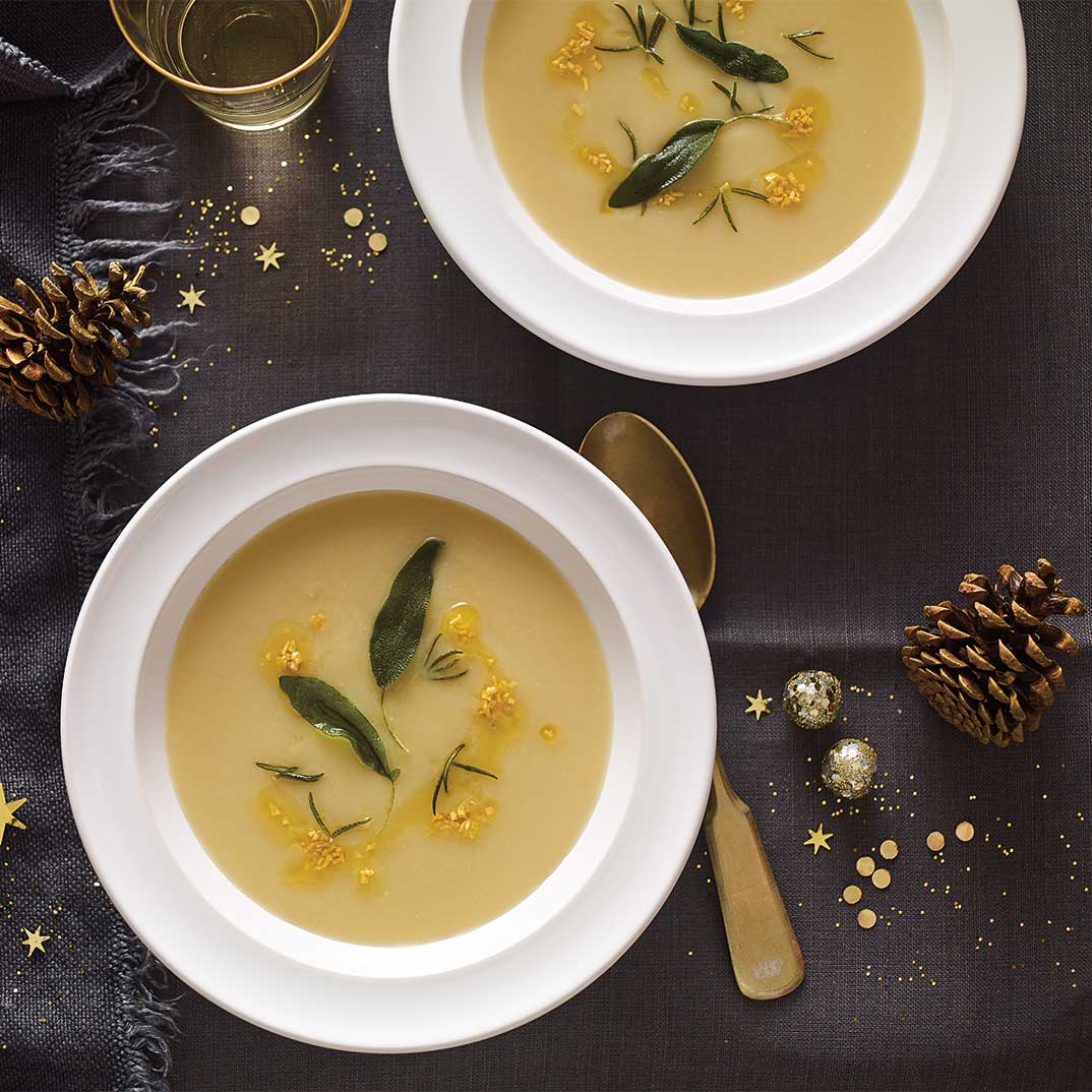 Creamy Onion Soup with Fried Sage and Rosemary