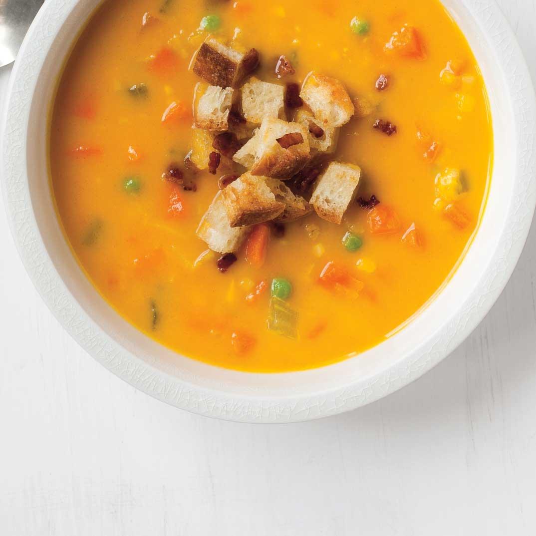 Creamy Vegetable Soup with Bacon Croutons