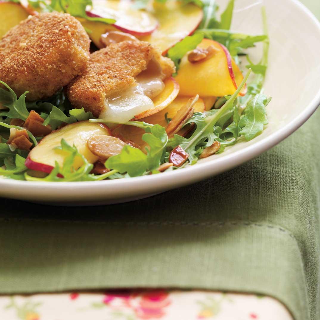 Crispy Goat Cheese Salad with Peaches and Caramelized Almonds