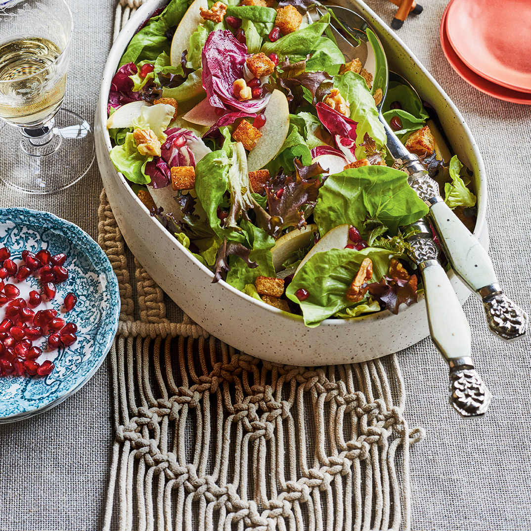 Crunchy Green Salad with Pear, Pomegranate and Spiced Croutons