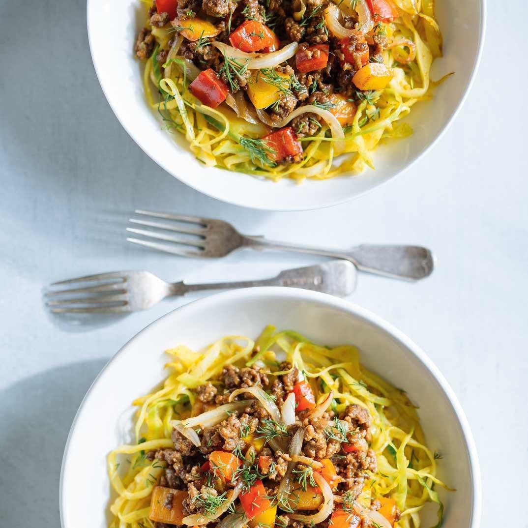 Curried Cabbage Noodles with Sautéed Beef