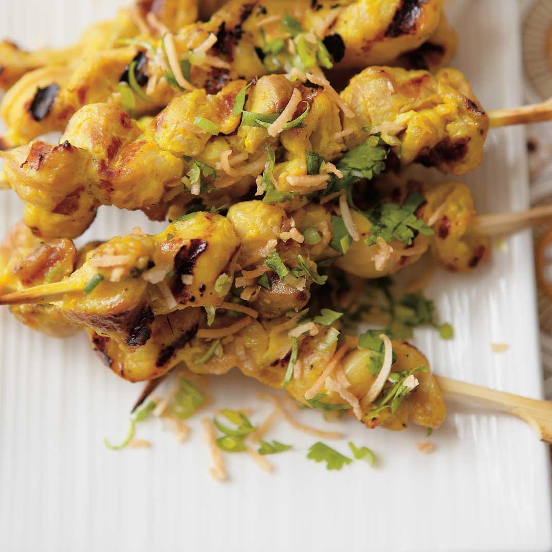 Curried Chicken Skewers with Toasted Coconut Gremolata 