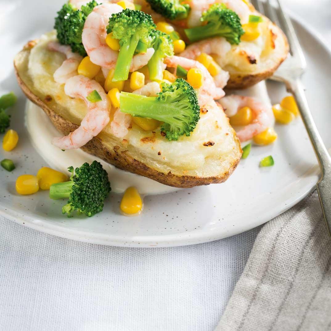 Double Baked Potatoes with Broccoli, Corn and Shrimp