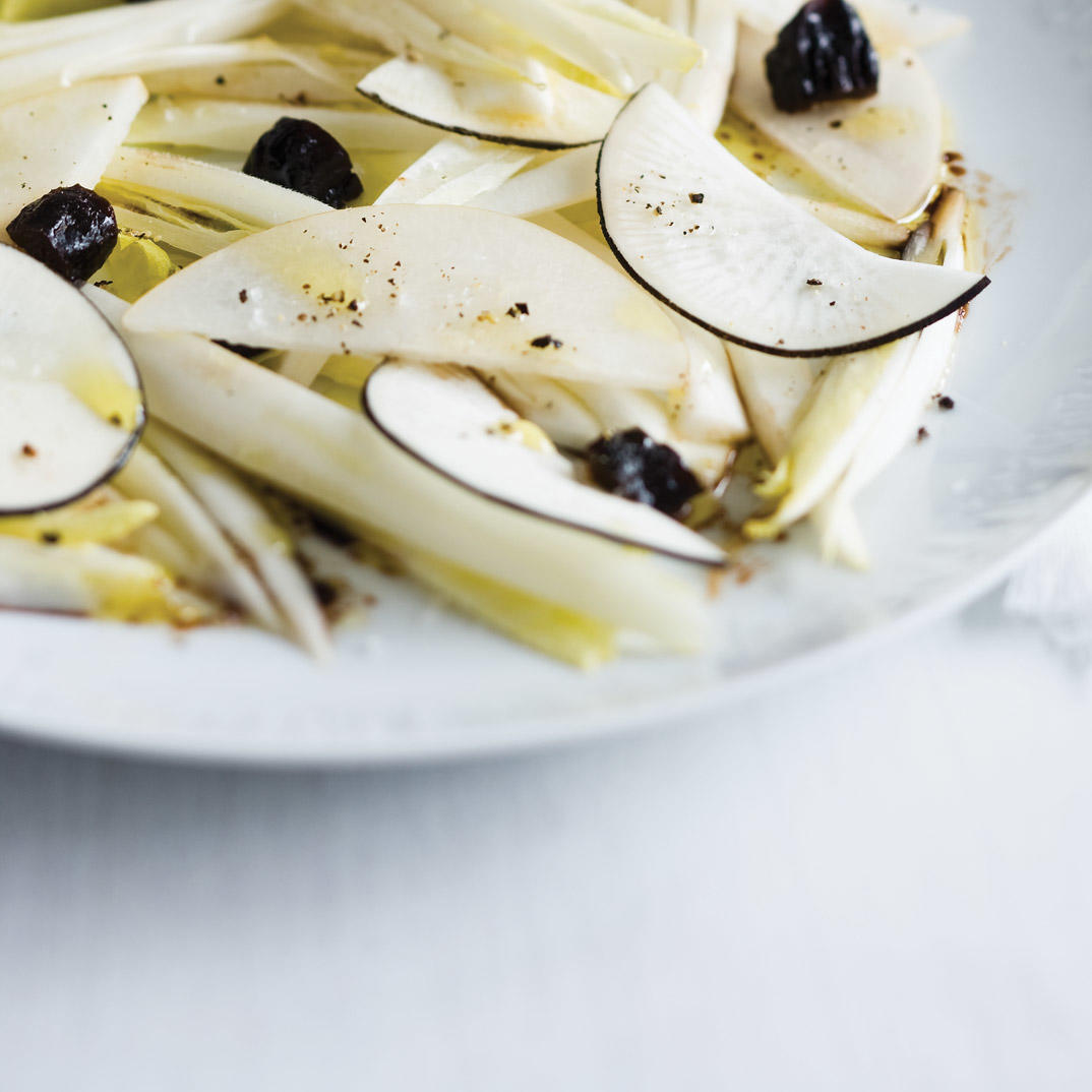 Endive, Pear and Black Radish Salad With Goat Cheese Toasts