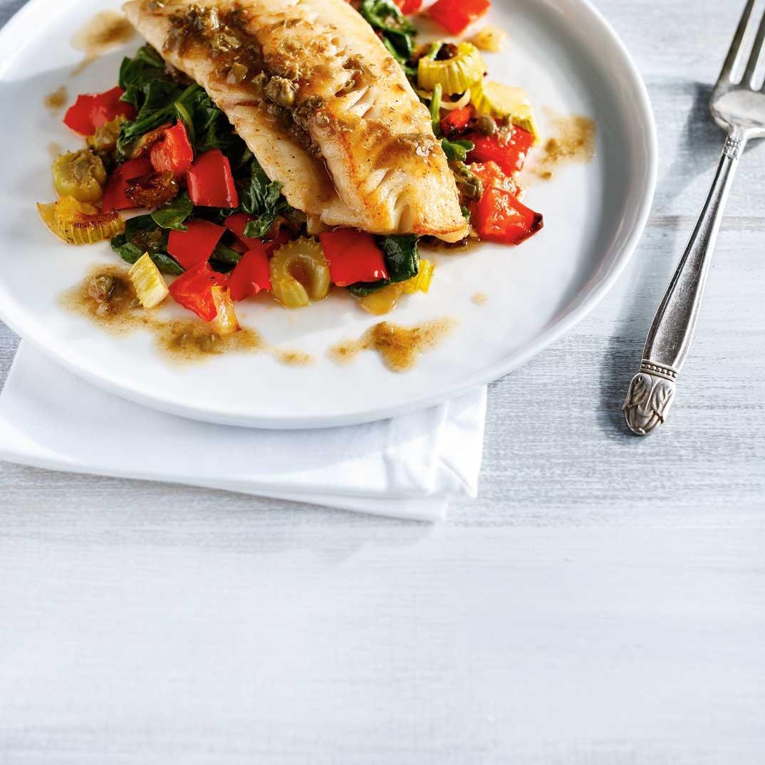Fish and Roasted Vegetables with Caper and Anchovy Brown Butter