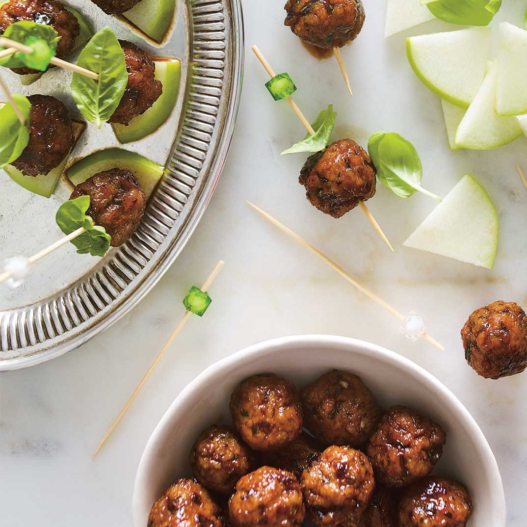 Glazed Meatballs with Green Apple and Basil
