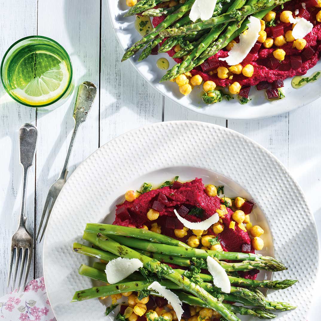 Grilled Asparagus with Beet Hummus and Curried Chickpeas