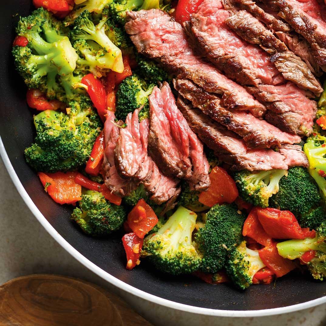 Grilled Flap Steak with Broccoli and Bell Peppers