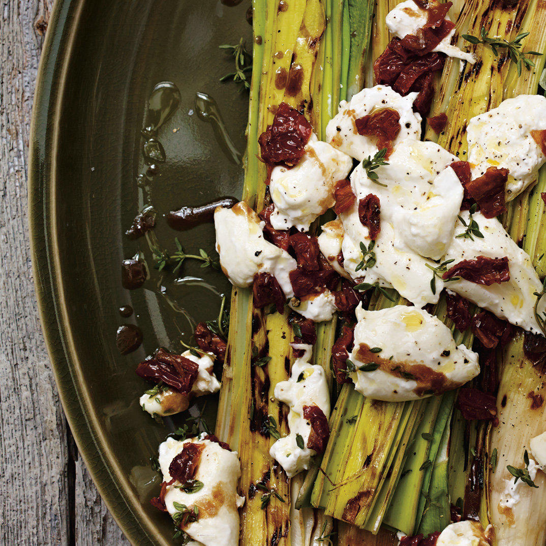 Grilled Leeks with Burrata and Sundried Tomato Dressing