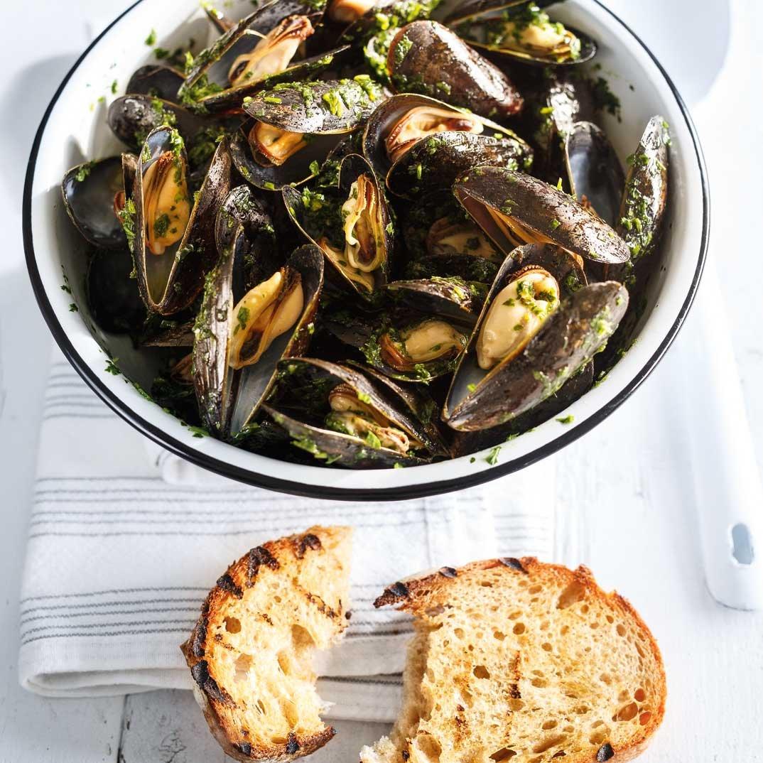 Grilled Mussels with Salsa Verde