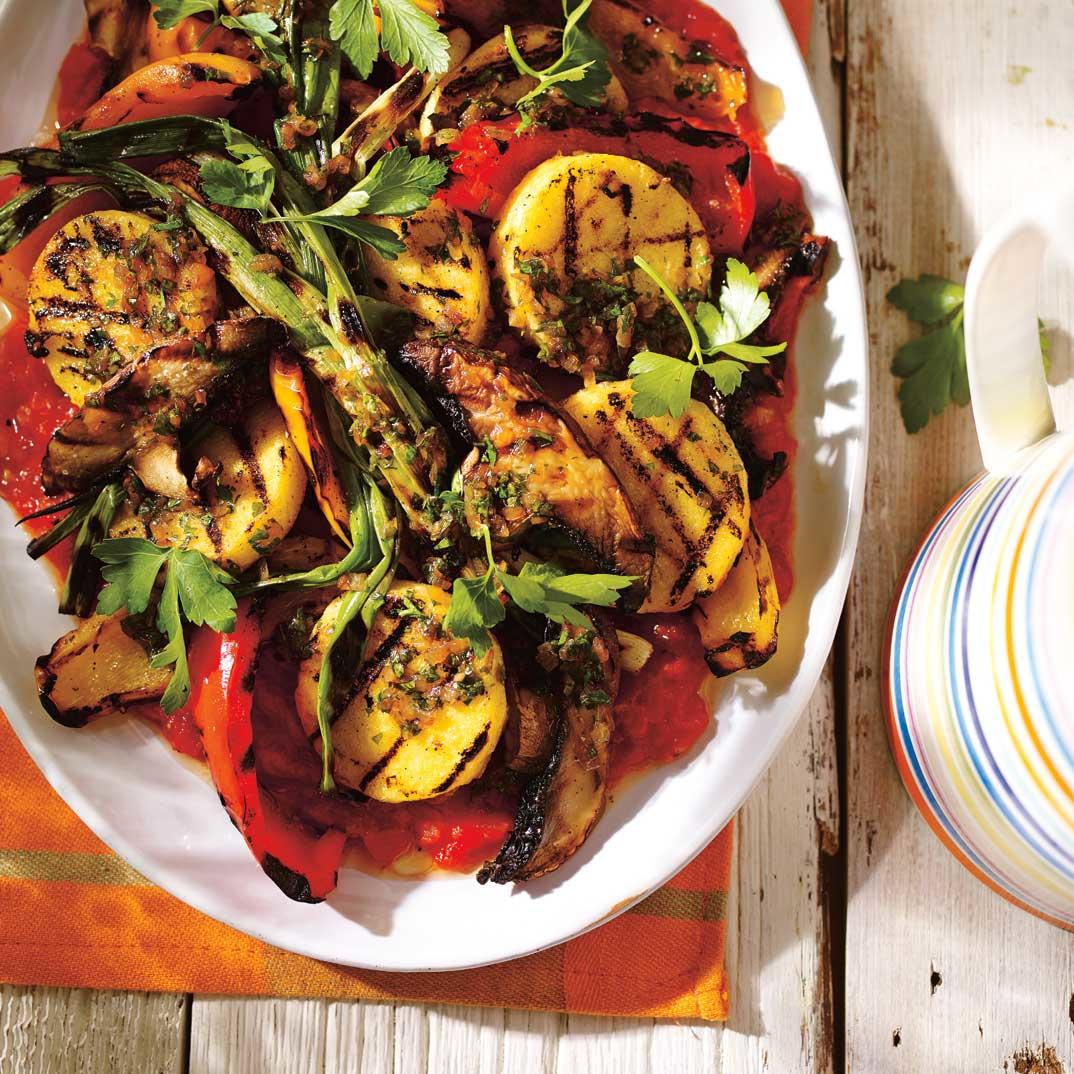 Grilled Polenta, Mushrooms and Peppers with Shallot Dressing