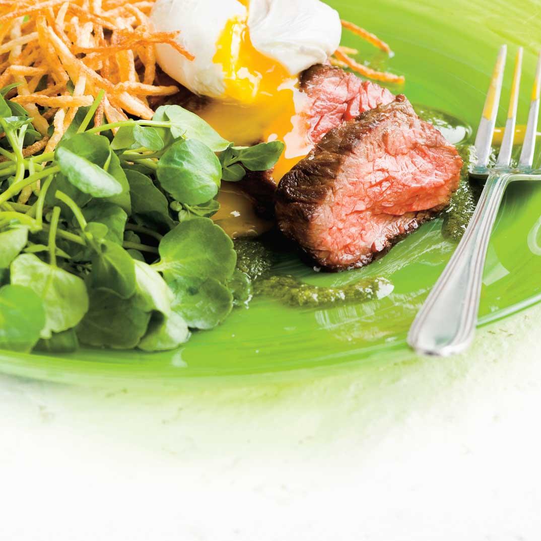 Grilled Skirt Steaks with Eggs, Watercress Dressing and Shoestring Fries 