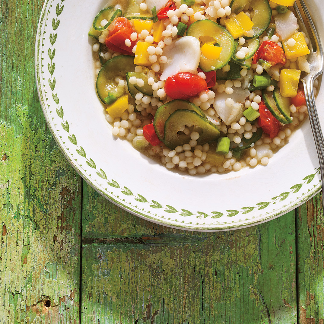 Israeli Couscous with Poached Fish and Vegetables