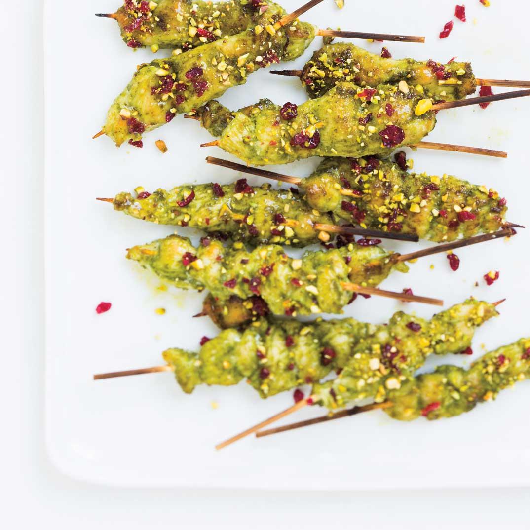 Mini Chicken Skewers with Pesto, Cranberries and Pistachios