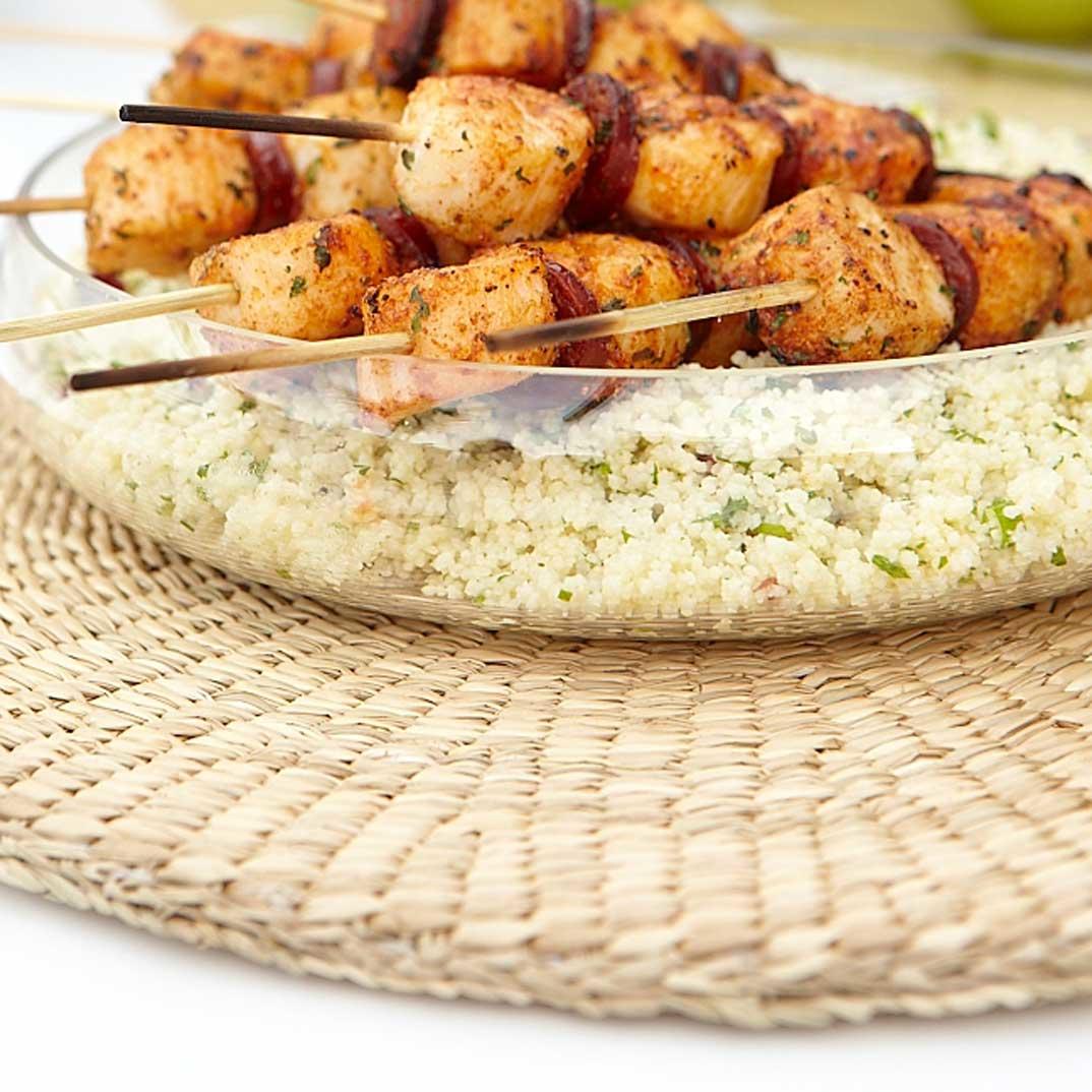 Moroccan-Style Scallop Skewers with Grilled Chorizo