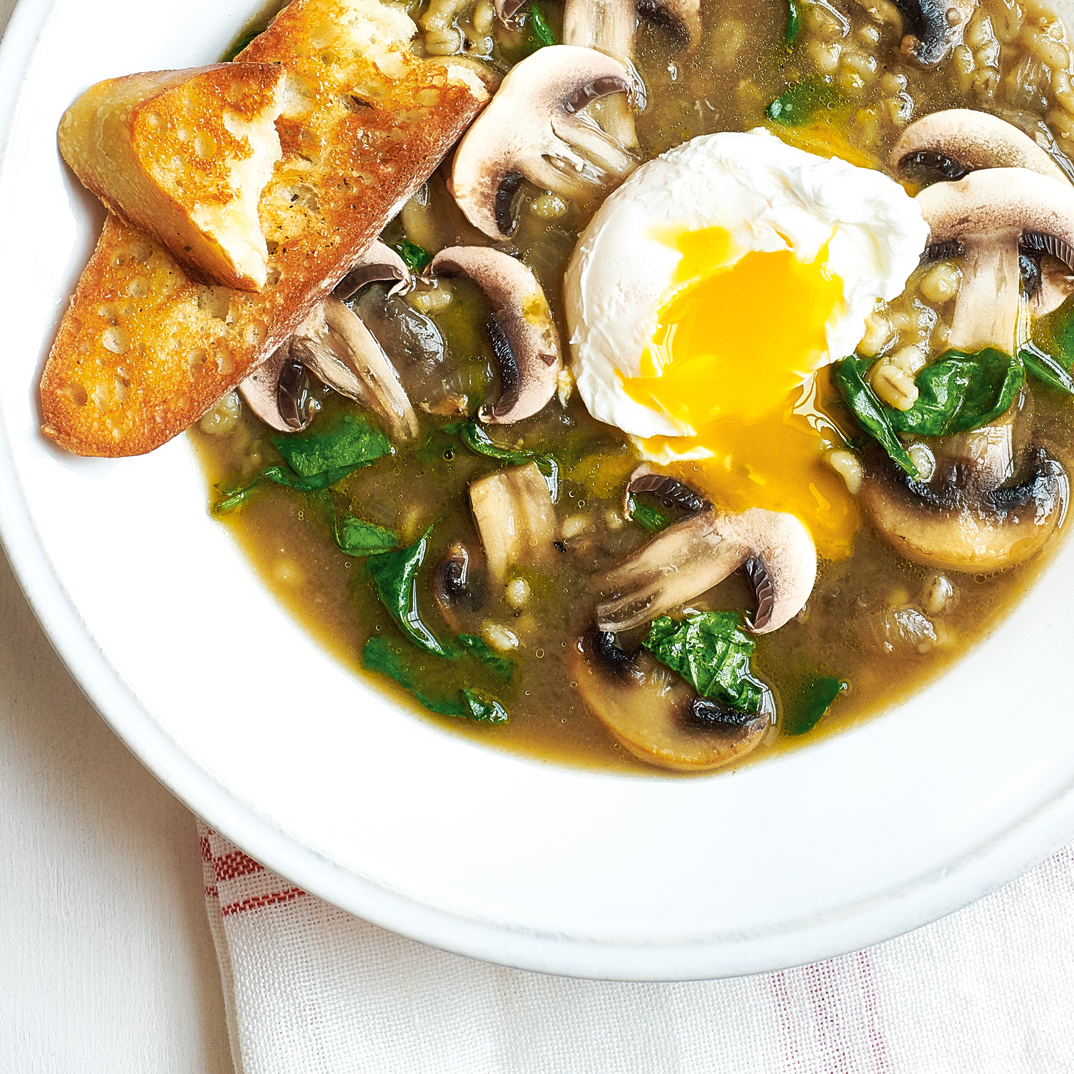 Mushroom Barley Soup with Poached Egg