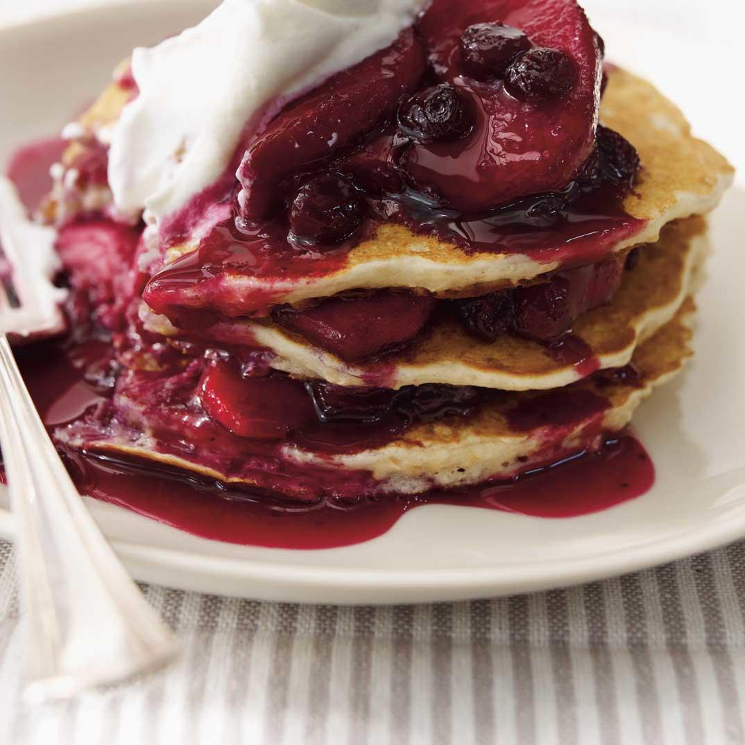 Oatmeal Pancakes with Apple and Blueberry Sauce