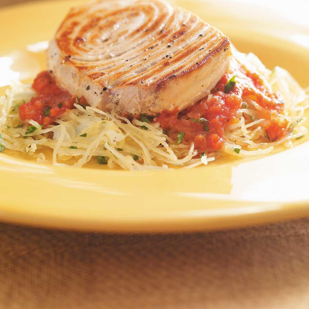 Pan-Seared Swordfish with Tomato Sauce and Spaghetti Squash