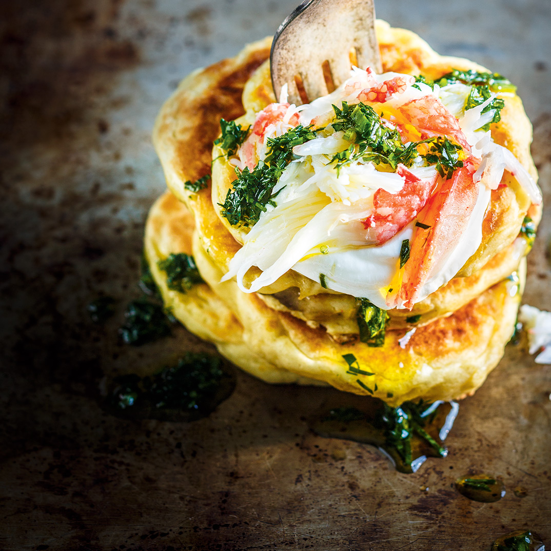 Parsnip Pancakes with Crab and Salsa Verde