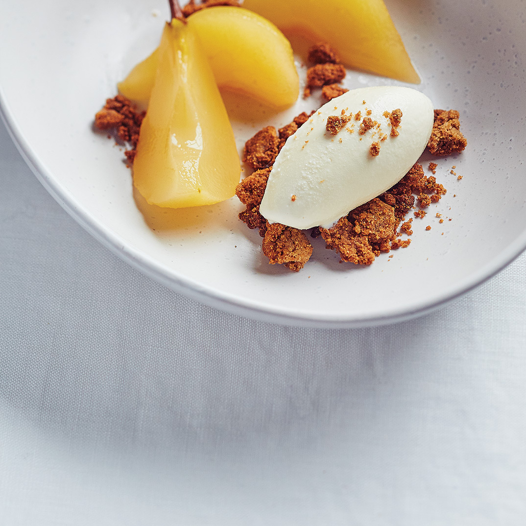 Pears Poached in White Wine with Rye Crumble and Frozen Yogurt