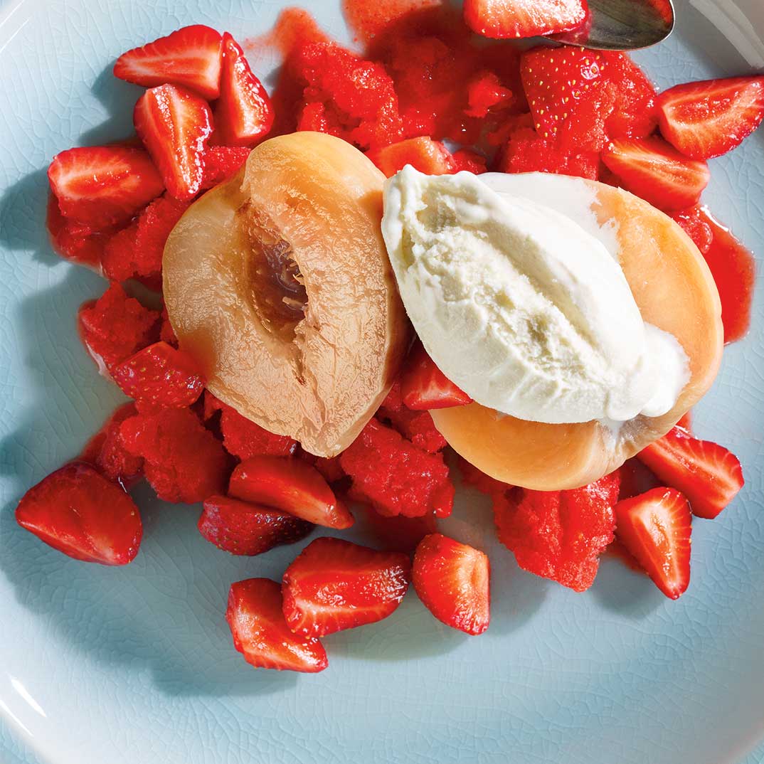 Poached Peaches with Strawberry Granita