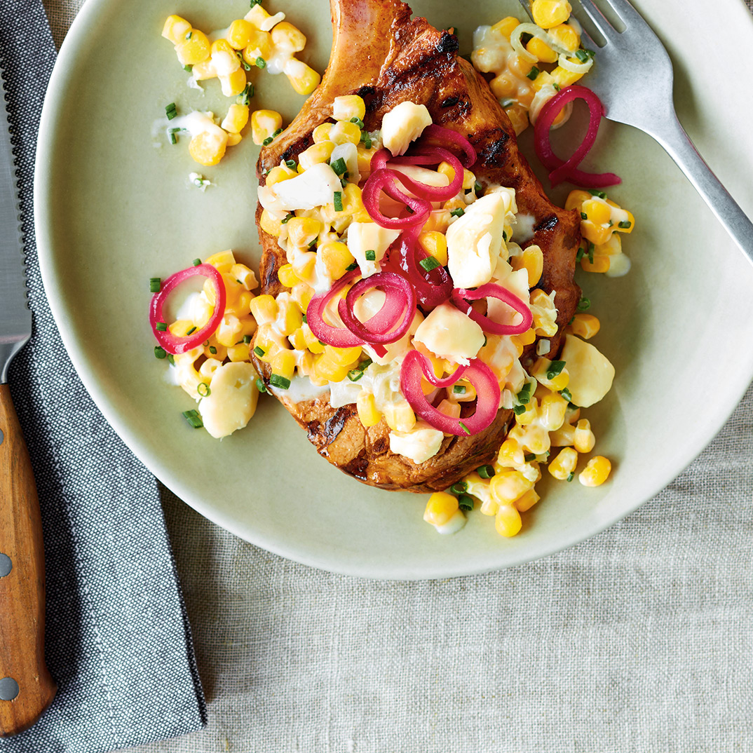 Pork Chops with Corn, Pickled Onion and Cheese Curds