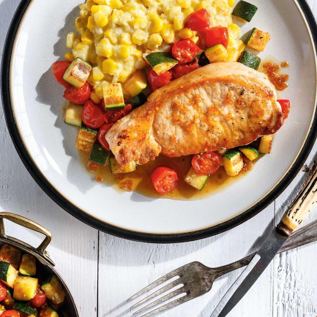 Pork Chops with Creamed Corn and Cherry Tomatoes