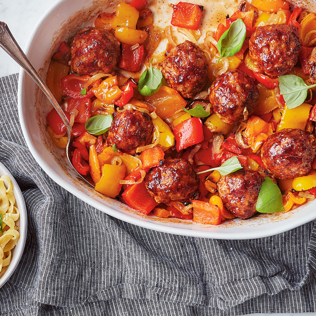 Pork Meatballs with Roasted Peppers and Barbecue Sauce
